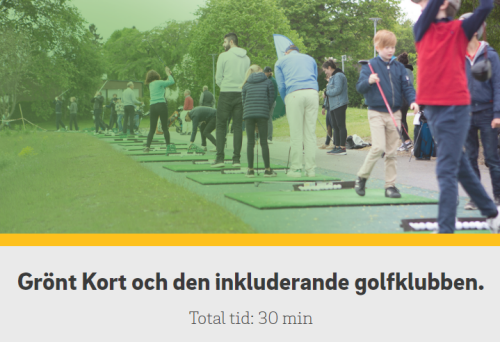 Gröntonad bild på en golfrange med många människor i olika åldrar. Under det texten "Grönt kort och den inkluderande golfklubben".