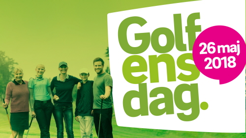 Kampanjbild för Golfens dag 2018. På bilden syns logotypen för Golfens dag, 26 maj 2017 samt fem glada golfspelare i olika åldrar.