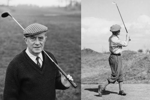 Tvådelad svartvit bild. Till vänster ett porträtt av Douglas Brasier, i 60-årsåldern, på golfbanan med en klubba lagd över axeln. Till höger en svingbild av Douglas, i 30-årsåldern. 