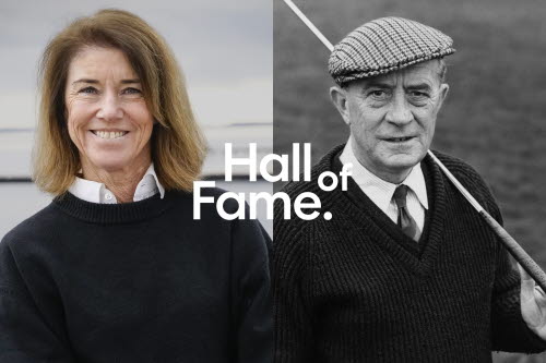 Två porträttbilder sida vid sida av Helen Alfredsson och Douglas Brasier. I mitten syns loggan för Sveriges golf Hall of Fame. 