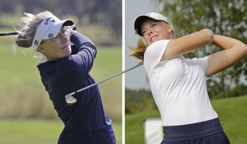 Porträttbild på två kvinnliga golfspelare i 18-årsåldern. 